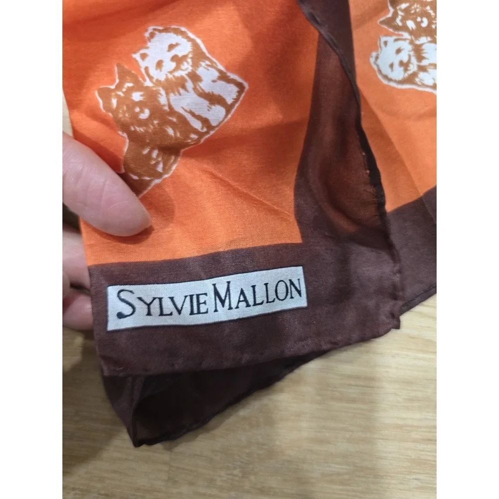 Vintage Sylvie Mallon Bear Print Silk Scarf - Orange & Brown Square Handkerchief